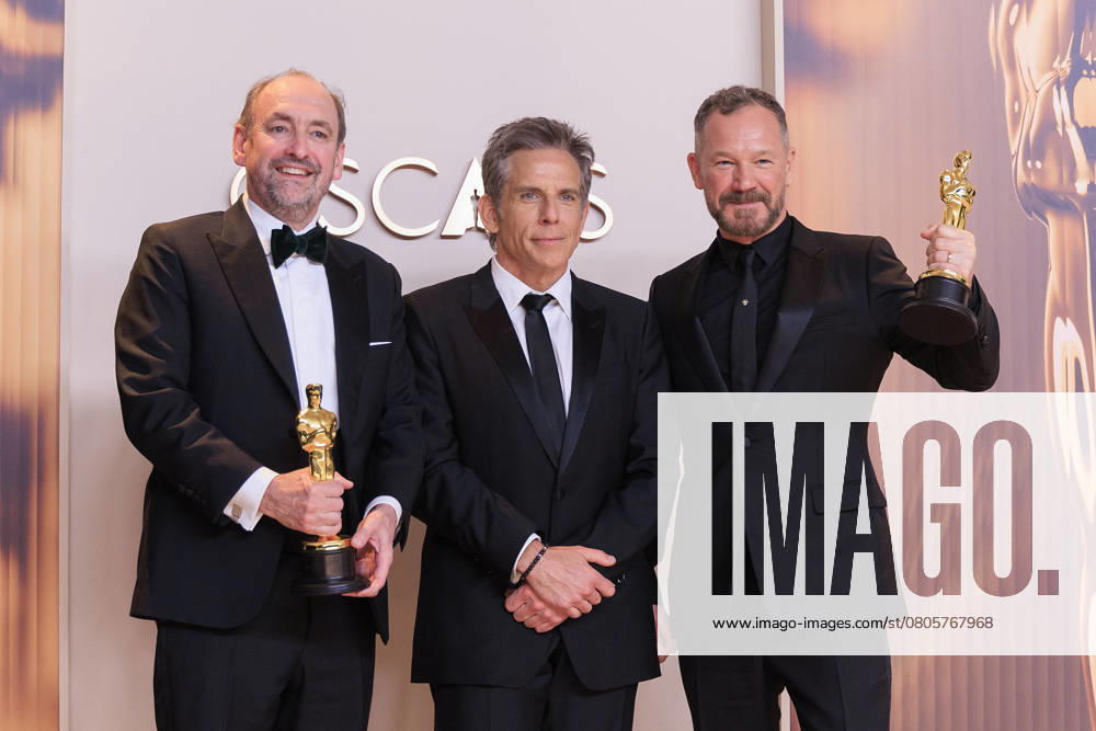 Nathan Crowley (L) and Lee Sandales (R), winners of the Best Production Design award for â€oeWicked†and Ben Stiller (C), pose in the press room of the 97th Annual Academy Awards on Sunday March 2, 2025 at the Dolby Theater in Hollywood, California. BURT HARRIS BNS PI Hollywood USA - ZUMAp124 20250302_zaa_p124_476