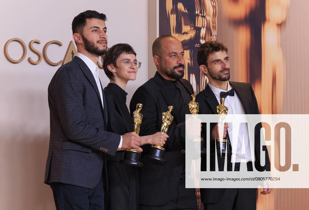 (L-R) Yuval Abraham, Rachel Szor, Hamdan Ballal, Basel Adra, winners of the Best Documentary Feature Film for â€oeNo Other Landâ€Â, pose in the press room of the 97th Annual Academy Awards on Sunday March 2, 2025 at the Dolby Theater in Hollywood, California. BURT HARRIS BNS PI Hollywood USA - ZUMAp124 20250302_zaa_p124_512