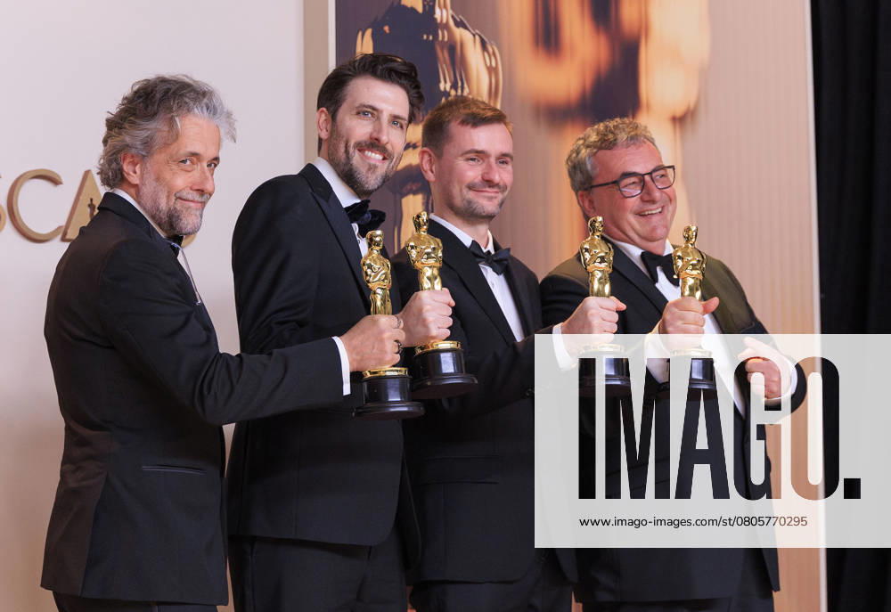 (L-R) Paul Lambert, Stephen James, Rhys Salcombe, and Gerd Nefzer, winners of the Best Visual Effects for â€oeDune: Part Twoâ€Â, pose in the press room of the 97th Annual Academy Awards on Sunday March 2, 2025 at the Dolby Theater in Hollywood, California. BURT HARRIS BNS PI Hollywood USA - ZUMAp124 20250302_zaa_p124_513