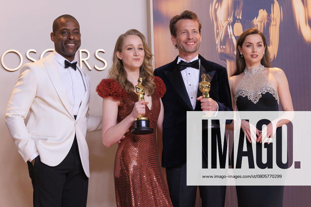 Victoria Warmerdam and Trent (C), winners of the Best Live Action Short Film award for â€oeIâ€⠢m Not a Robotâ€Â, Sterling K. Brown (L) and Ana de Armas (R) pose in the press room of the 97th Annual Academy Awards on Sunday March 2, 2025 at the Dolby Theater in Hollywood, California. BURT HARRIS BNS PI Hollywood USA - ZUMAp124 20250302_zaa_p124_516