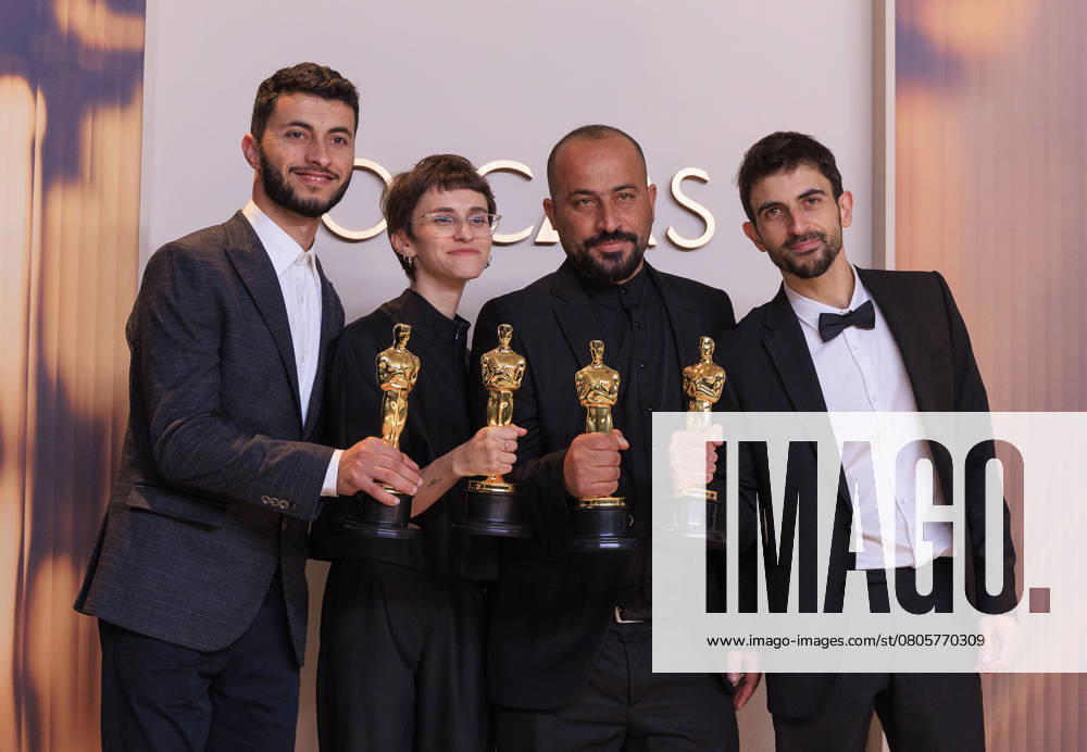 (L-R) Yuval Abraham, Rachel Szor, Hamdan Ballal, Basel Adra, winners of the Best Documentary Feature Film for â€oeNo Other Landâ€Â, pose in the press room of the 97th Annual Academy Awards on Sunday March 2, 2025 at the Dolby Theater in Hollywood, California. BURT HARRIS BNS PI Hollywood USA - ZUMAp124 20250302_zaa_p124_524
