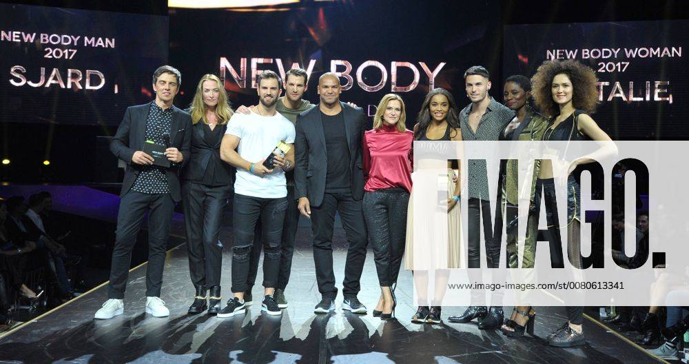 New Body Award Winner and the presenters Nikeata Thompson Harald the Jury Baptiste Giabiconi CEO McFit Models Anja Tillack Model Tatyana Patitz Pierre GeisenDesign setter McFit Models Europe largest Award the sporty People with the New Body Award in Tempodrom in Berlin at 26 10 2017