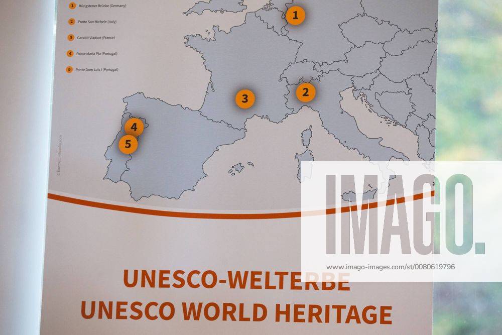 Map with the Locations the Railway bridges on a Billboard for the common UNESO World heritage Request Bridge the gap 2017 for the Railway bridges in Germany Portugal Italy and France Press conference World heritage Request Müngstener Bridge in Solingen politics 27 10 17 Solingen NRW Germany House Müngsten