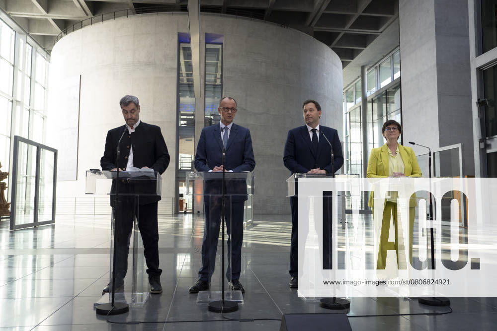Lars Klingbeil, Saskia Esken, Friedrich Merz, Markus Söder Bundestag, Press statement, Party and parliamentary group leaders, SPD, CDU, CSU, Lars Klingbeil, Saskia Esken, Friedrich Merz, Markus Söder Berlin Berlin GER