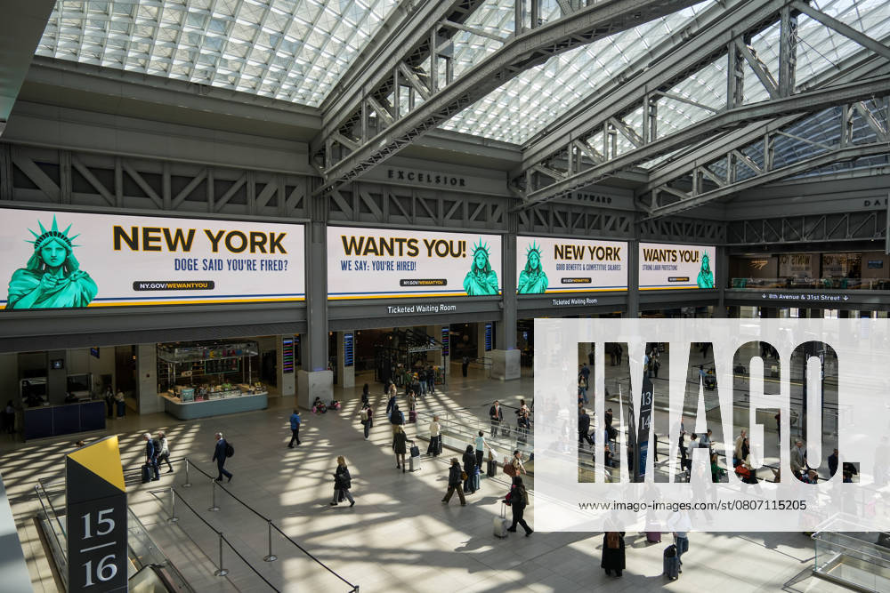 New York recruits DOGE victims Advertising in the Moynihan Train Hall in New York on Tuesday, March 11, 2025 suggests to Federal workers, fired by Elon Musks Dept. of Government Efficiency (DOGE), that they come work for New York. ( RichardxB.xLevine
