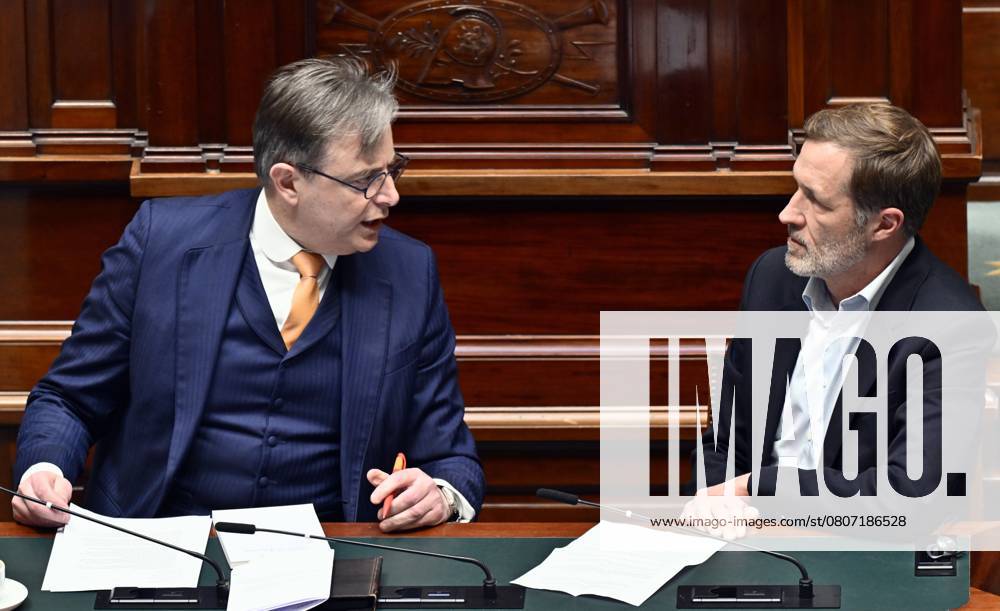 Prime Minister Bart De Wever and PS Paul Magnette pictured during a plenary session of the Chamber at the Federal Parliament in Brussels, Thursday 13 March 2025. ERICxLALMAND 114862024