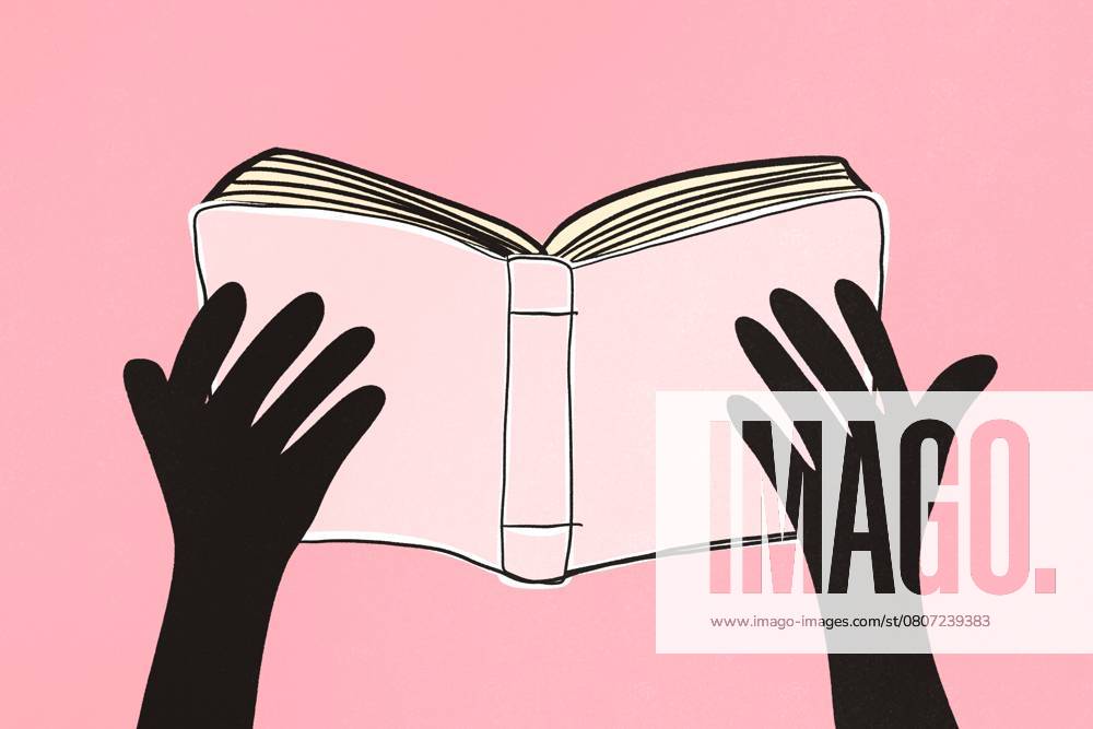 A minimalistic illustration features two black hands holding an open book against a soft pink background. The simple design emphasizes reading and creativity. Model Released HodeiUnzueta_ID26996_779161_009