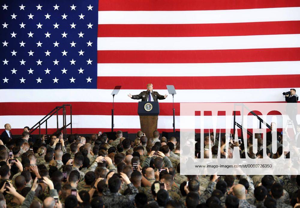 Trump speech at Yokota Air Base in Japan U.S. President Donald Trump speaks before a crowd at U.S. Yokota Air Base in the suburbs of Tokyo on Nov. 5, 2017, after arriving in Japan for the first time since his inauguration in January. Trump will stay in Japan until Nov. 8 to discuss regional security and other issues with Prime Minister Shinzo Abe.