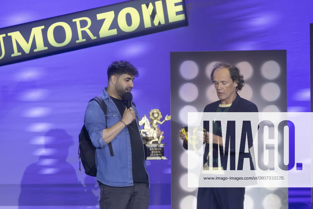 Winner of the Newcomer Competition of the Comedy Festival Humorzone Dresden is the German Palestinian stand up comedian Amjad full name Amjad Abu Hamid li who receives the prize from the hands of patron Olaf Schubert re , Michael Haubold during the MDR TV recording Humorzone Dresden The Gala at the Alter Schlachthof Dresden
