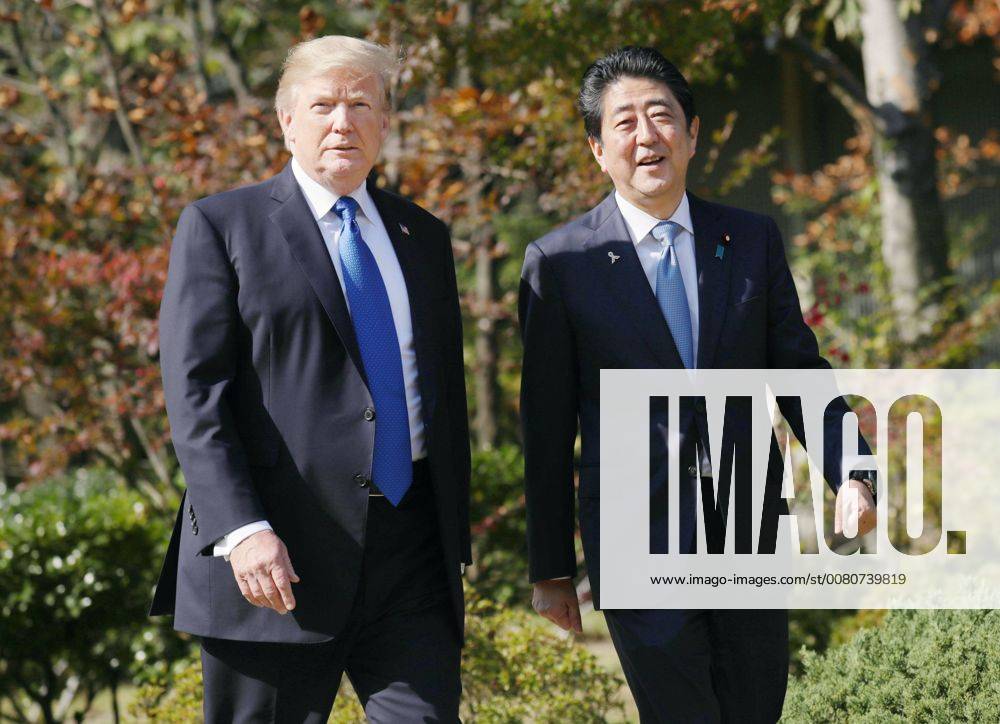 Trump in Japan Japanese Prime Minister Shinzo Abe (R) and U.S. President Donald Trump head for a working lunch at the Akasaka Palace state guesthouse in Tokyo on Nov. 6, 2017. The leaders agreed to step up pressure on North Korea over its nuclear and ballistic missile programs. (Pool photo)