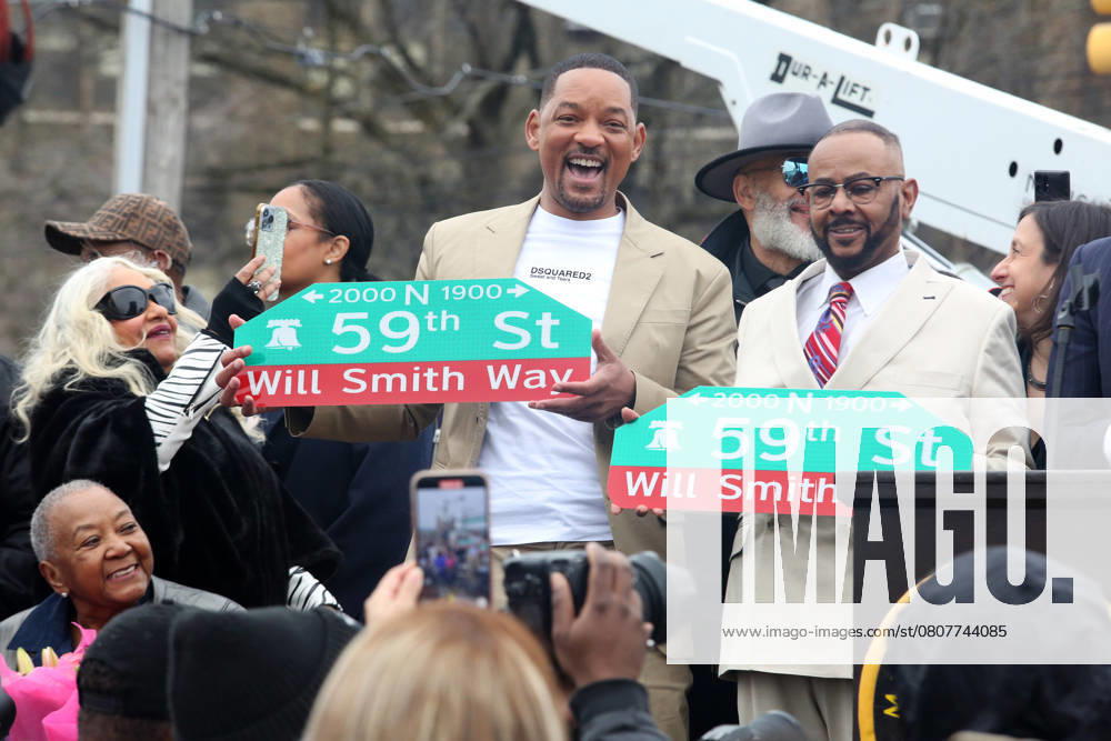 Will Smith pictured in Philadelphia at a street name change from 59th street to Will Smith Way in Philadelphia, Pennsylvania on MArch 26 2025