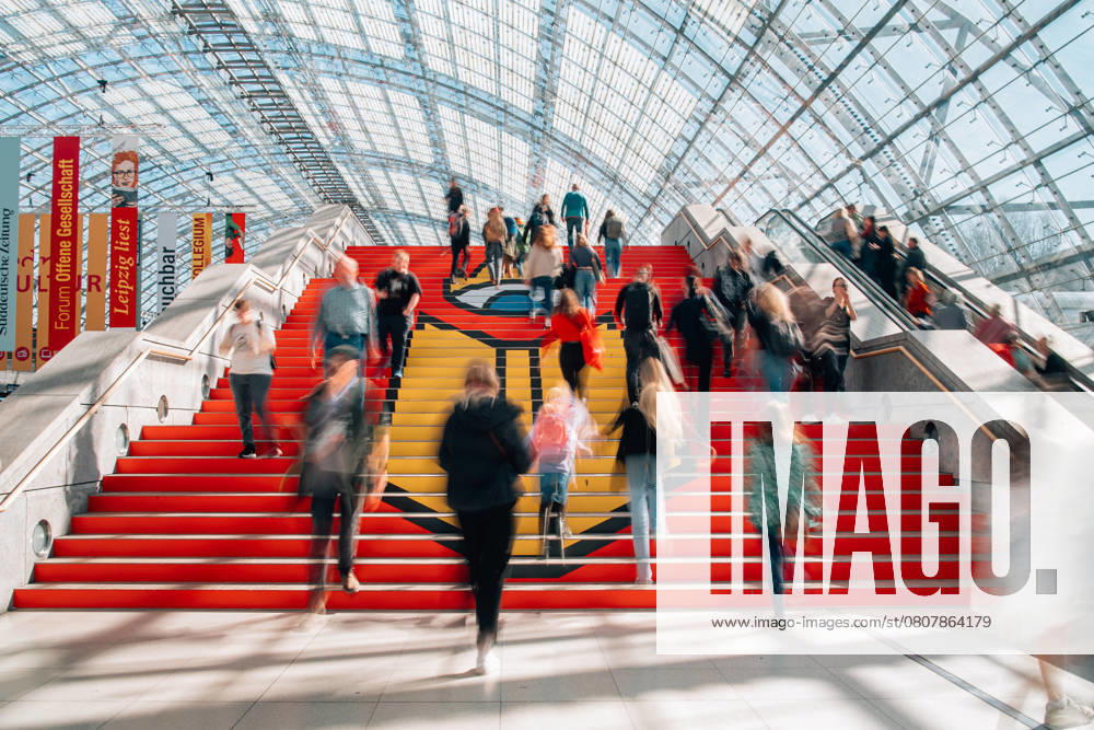 Leipzig Book Fair 2025 Staircase with logo of the Leipzig Book Fair during the Leipzig Book Fair Day 2 at the Messengleande Leipzig on March 28, 2025 near Leipzg, Sachsen, Germany