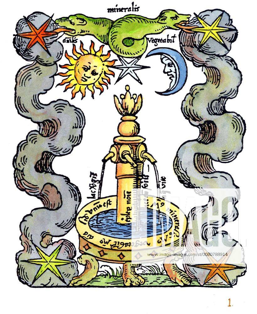 ALCHEMY - ROSARIUM PHILOSOPHORUM - THE FOUNTAIN A much printed alchemical series, the Rosarium Philosophorum consists of a complex text around 20 highly distinctive woodcut prints. The imagery is alchemical, but well disguised behind the hieros gamos, or sacred marriage, sexuality and various Christian symbols. They each relate to the alchemical stages, viewed from a Christian standpoint - perhaps written in the late 15th century by one of the early Rosicrucian schools. Although the text and related images appeared in mediaeval manuscripts, it was not printed until 1550, in a German edition, as part of the De alchimia opuscula, by which time it consisted of 20 woodcuts. The authorship has always remained uncertain, though it has been suggested that it was compiled by Arnold of Villanova, in the 13th century. Jung has argued, from icon !ACHTUNG AUFNAHMEDATUM GESCHÄTZT! UnitedArchives0620691