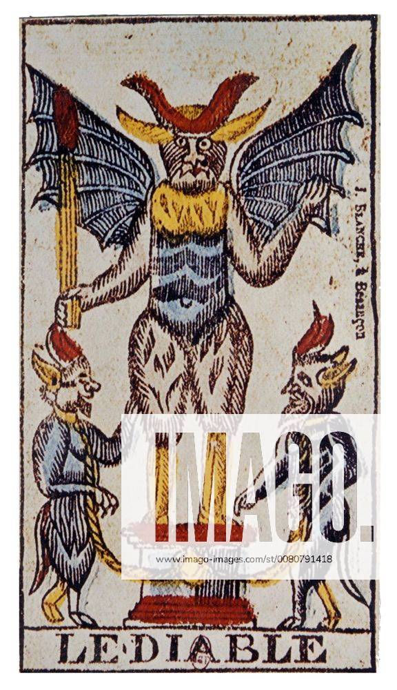 TAROT CARDS - THE DEVIL CARD Le Diable, or Devil card, from the Tarot pack printed at Besançon by J. Blanche. Although printed about 1835, the designs for this deck were purposely archaizing. They appear to have been stencil-coloured. Un Checked