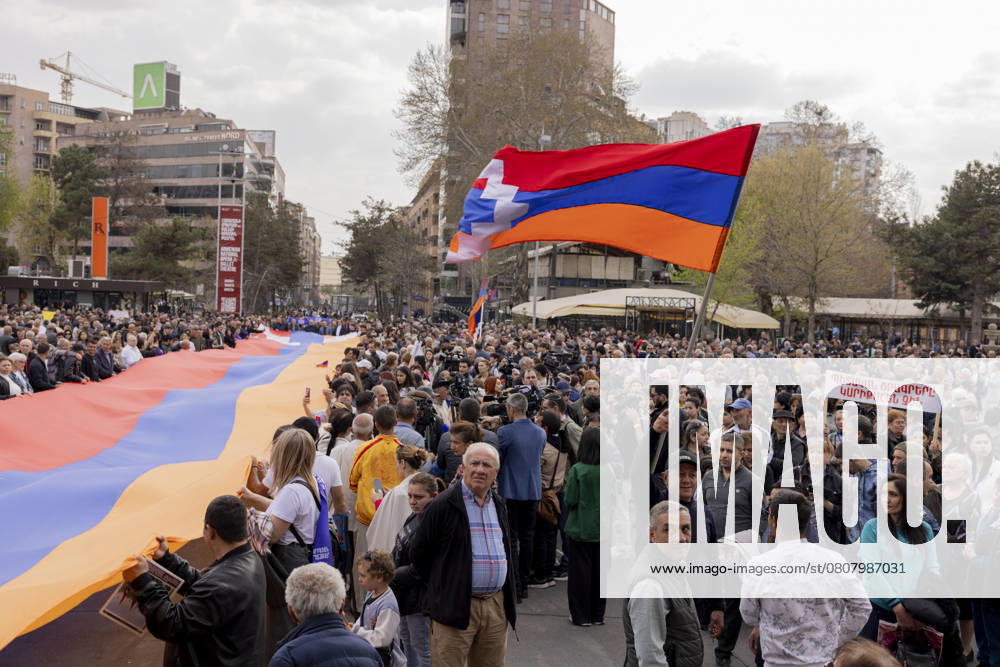 Armenia Protesters Seek Karabakh Return People carry a massive Artsakh flag during a rally at Freedom Square in Yerevan, Armenia on March 29, 2025. The demonstration supports the rights of Nagorno-Karabakh Armenians and demands measures to prevent emigration and ensure dignified living conditions. Yerevan Yerevan Armenia