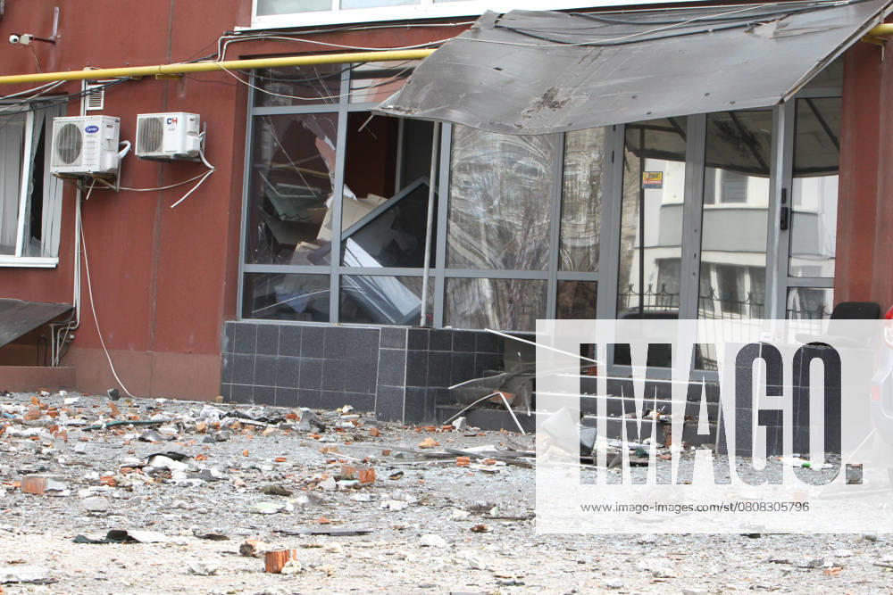 Debris covers the ground outside an apartment block in the Central district damaged by a Russian drone attack in Dnipro, Ukraine, on March 29, 2025. Dnipro recovers from Russian drone attack