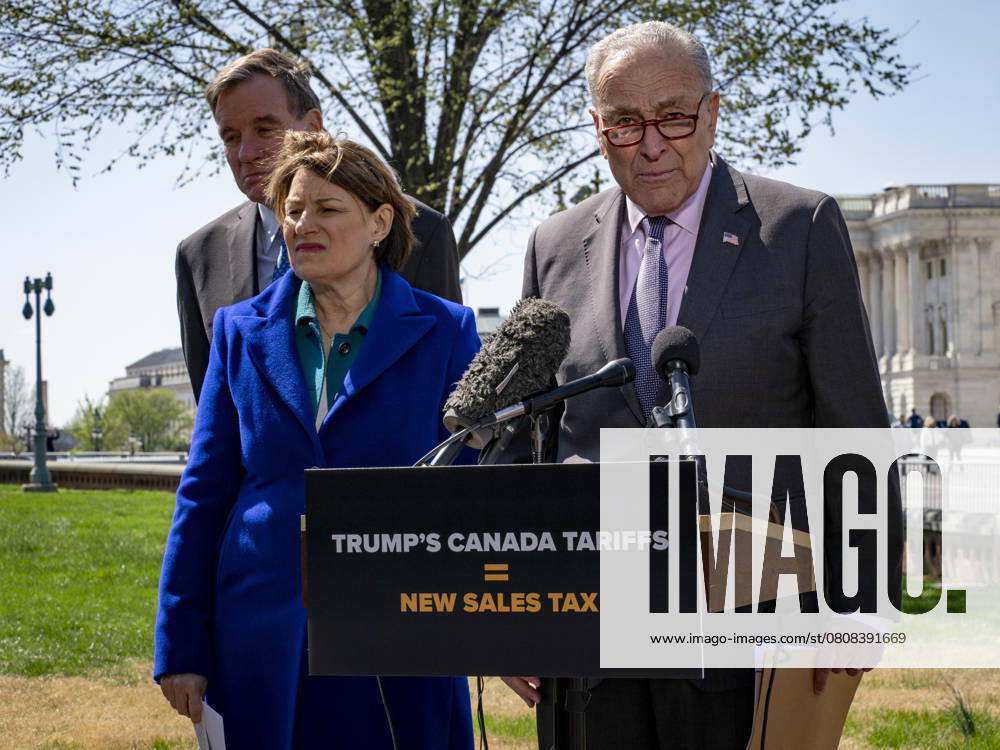 Senators MARK WARNER (D-VA), AMY KLOBUCHAR (D-MN) and Senate Majority Leader CHUCK SCHUMER speak out against President Trumps Canadian tariffs, warning on negative impacts on the United States economy. Washington USA - ZUMAd155 20250401_znp_d155_001