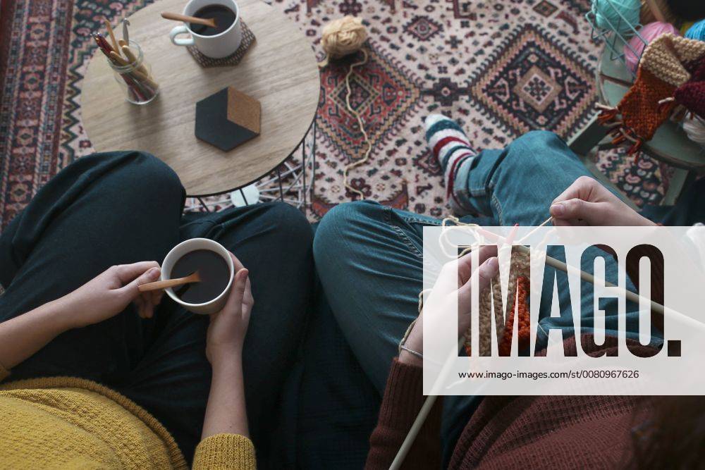 Young couple knitting and having cup of coffee in living room, top view model released Symbolfoto property released RTBF01010
