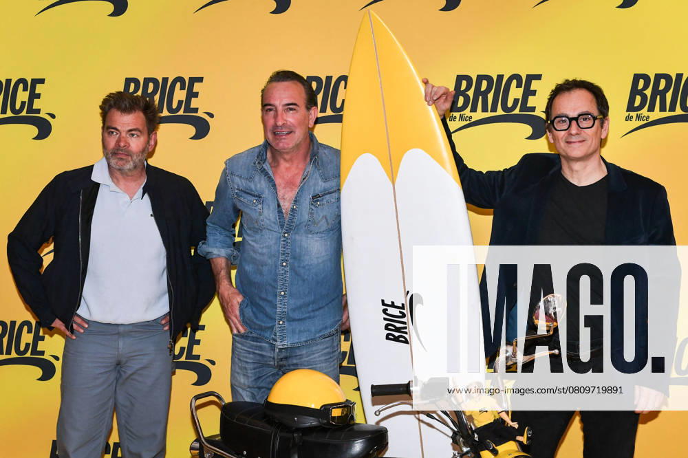 Preview of the film Brice de Nice in Paris FA French actor Jean Dujardin poses for a photo-call with French film director James Huth and French actor Clovis Cornillac for the film Brice de Nice at the Grand Rex Cinema in Paris, on April 6, 2025. Photo by Firas Abdullah ABACAPRESS.COM Paris Ile-de-France France