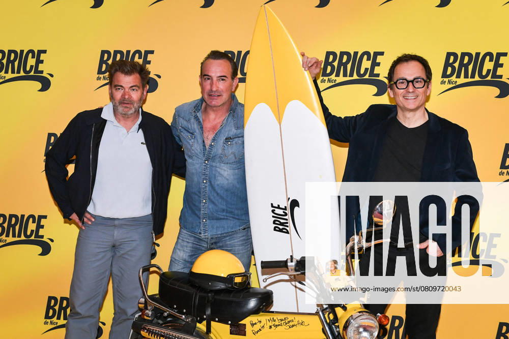 Preview of the film Brice de Nice in Paris FA French actor Jean Dujardin poses for a photo-call with French film director James Huth and French actor Clovis Cornillac for the film Brice de Nice at the Grand Rex Cinema in Paris, on April 6, 2025. Photo by Firas Abdullah ABACAPRESS.COM Paris Ile-de-France France
