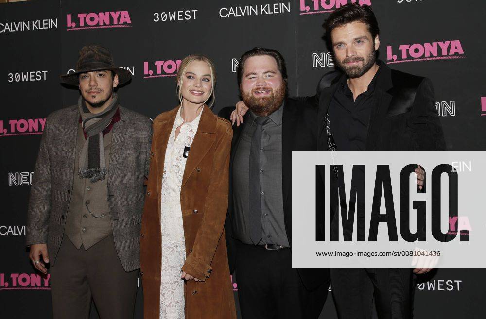 Ricky Russert, Margot Robbie, Paul Walter Hauser and Sebastian Stan arrive on the red carpet at the I, Tonya New York Premiere at Village East Cinema on November 28, 2017 in New York City. NYP20171128111 JOHNxANGELILLO