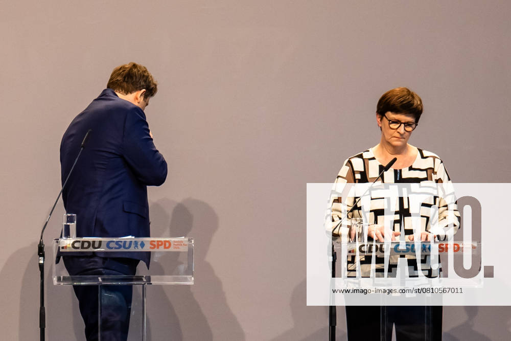 SPD party leaders Lars Klingbeil and Saskia Esken during a press conference on the agreement on a coalition agreement at the Paul Löbe House in Berlin on April 9, 2025 CDU, CSU and SPD announce success in coalition negotiations