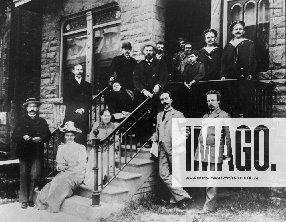 In Kronstadt Popov conducts research in electricity and builds original installations to repeat Heinrich Hertz s experiments. In 1889 the scientist expresses the opinion that electromagnetic waves might be employed for the transmission of signals. Popov gained renown in scientific circles, and in 1883 he visits the Chicago World Fair as a member of the Russian delegation. Photo shows: A. Popov (extreme right) in Chicago with other members of the Russian delegation to the fair. Next to Popov and is M.O. Dolivo - Dobrovolsky, the well-known Russian electrical engineer. 1893 Supplied By: SCRSS - Society for Co-operation in Russian & Soviet Studies, Chicago Illinois United States