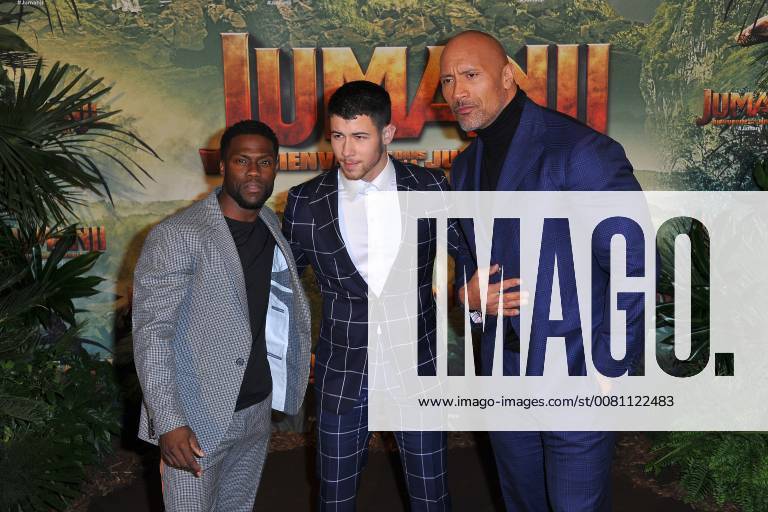 Kevin Hart, Nick Jonas and Dwayne Johnson attend Jumanji movie premiere at Le Grand Rex in Paris, France, on December 05, 2017. Photo by Favier E-PRESSPHOTO.COM Paris France 564599