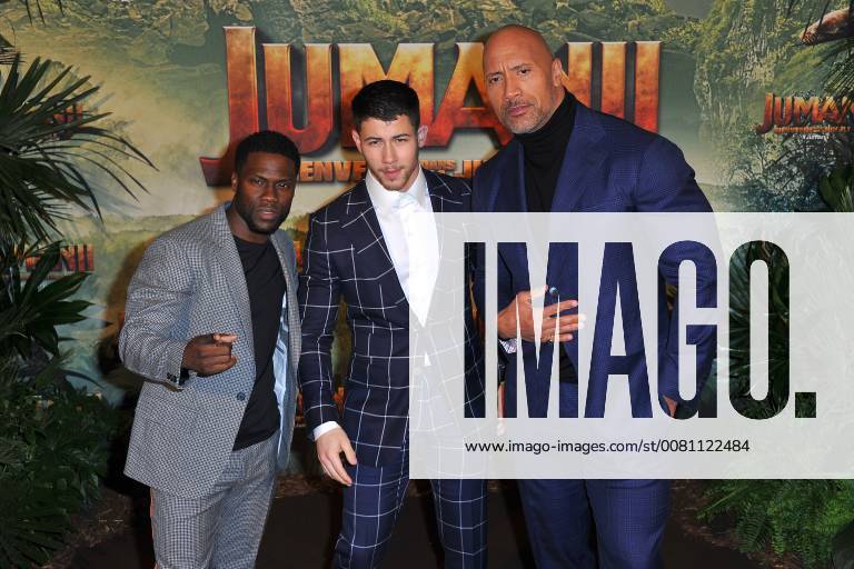Kevin Hart, Nick Jonas and Dwayne Johnson attend Jumanji movie premiere at Le Grand Rex in Paris, France, on December 05, 2017. Photo by Favier E-PRESSPHOTO.COM Paris France 564599