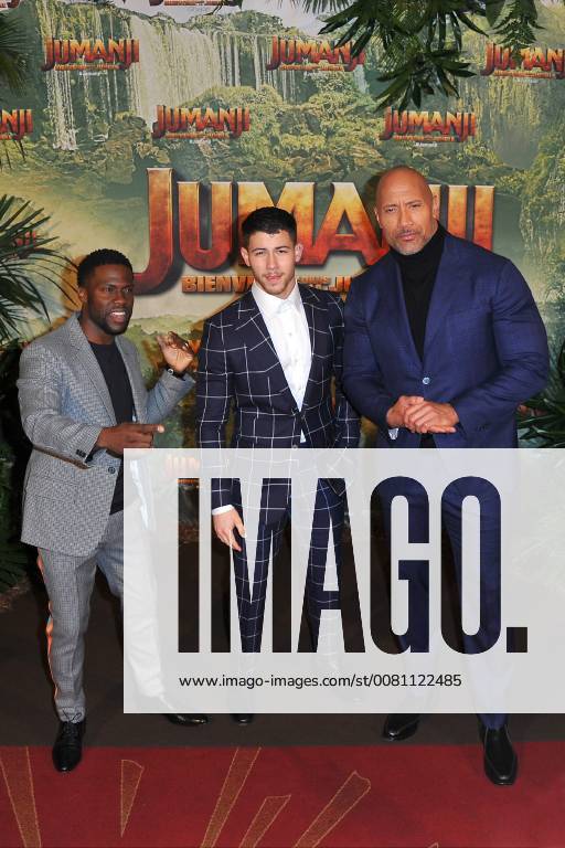 Kevin Hart, Nick Jonas and Dwayne Johnson attend Jumanji movie premiere at Le Grand Rex in Paris, France, on December 05, 2017. Photo by Favier E-PRESSPHOTO.COM Paris France 564599