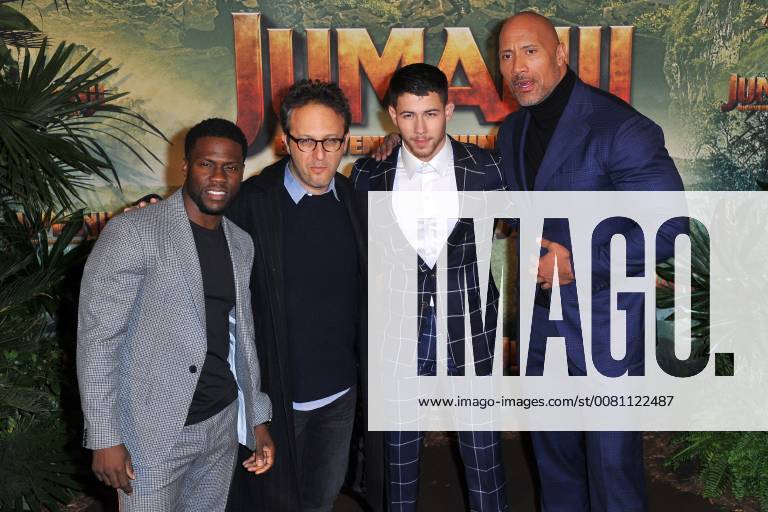 Kevin Hart, Jake Kasdan, Nick Jonas and Dwayne Johnson attend Jumanji movie premiere at Le Grand Rex in Paris, France, on December 05, 2017. Photo by Favier E-PRESSPHOTO.COM Paris France 564599