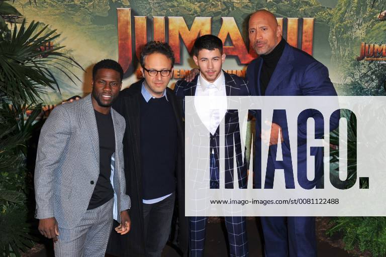 Kevin Hart, Jake Kasdan, Nick Jonas and Dwayne Johnson attend Jumanji movie premiere at Le Grand Rex in Paris, France, on December 05, 2017. Photo by Favier E-PRESSPHOTO.COM Paris France 564599