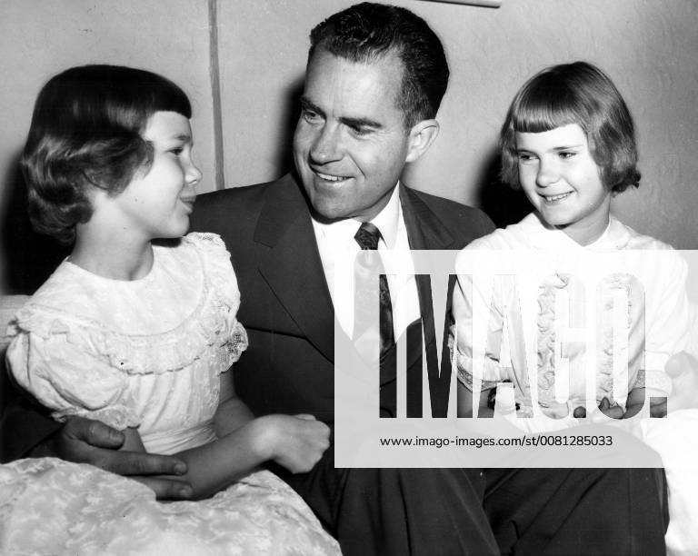 Vice President Richard Nixon with his 2 daughters, Julie (left) and Patricia. 4 June 1957, Washington D.C. United States