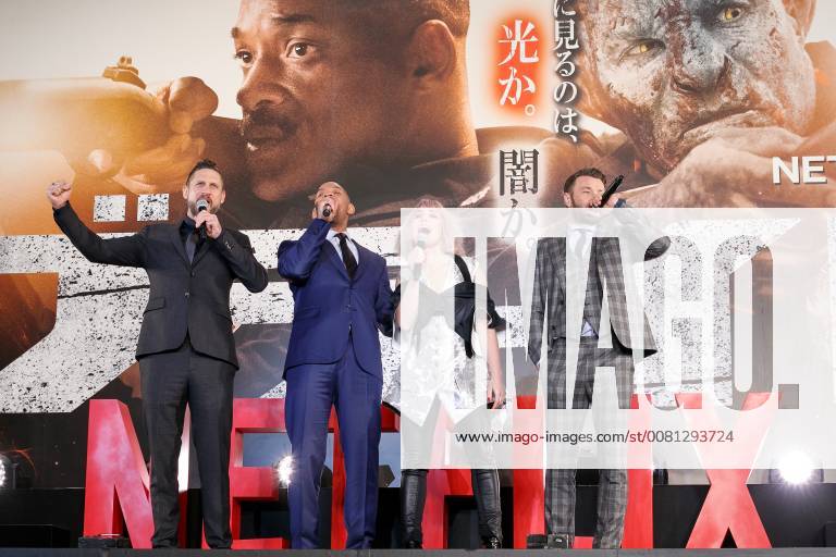 (L to R) Director David Ayer, Will Smith, actress Noomi Rapace and Joel Edgerton, greet fans during the Japan premiere for the movie Bright on December 19, 2017, Tokyo, Japan. The casts received a warm welcome from the Japanese fans at the event. The film will be released globally on Netflix on December 22. (gxta_brightjp030)