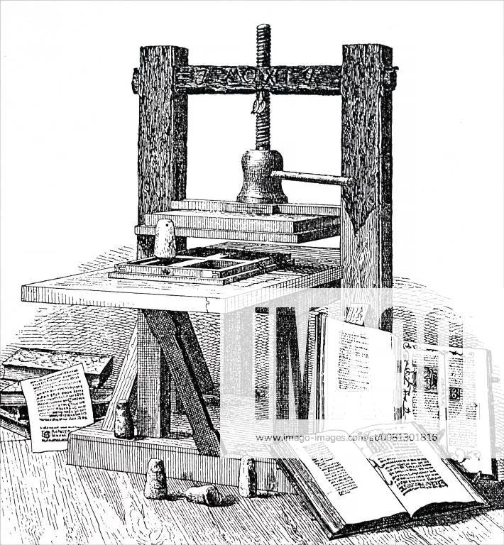 Engraving depicting Johannes Gutenberg s printer. Johannes Gutenberg (1400-1468) a German blacksmith, goldsmith, printer, and publisher who introduced printing to Europe. Dated 19th century 917_05_WHA_106_0766