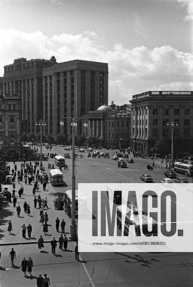 Moscow panorama 8908563 12.06.1955 The Marx Avenue (now Okhotny Ryad Street) in Moscow. Center: the USSR State Planning Committee (now the Russian State Duma). Yakov Berliner Moscow Russia