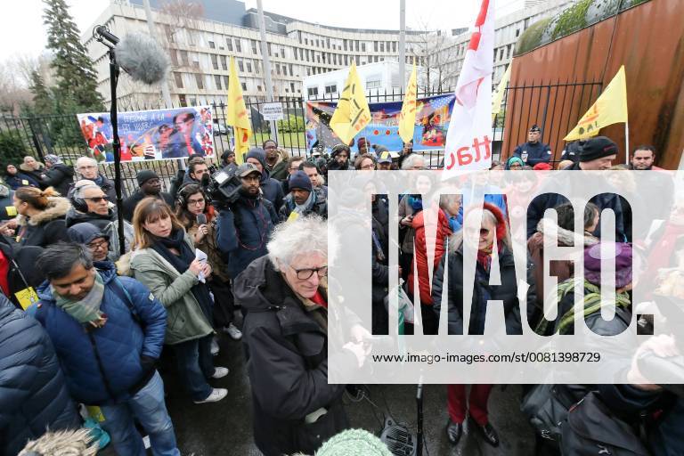 Paris, Ile-de-France, France - French actress Marina Vlady (C, R) and President of the French Right to Housing association (DAL, Droit au Logement) Jean-Baptiste Eyraud (C) take part in a gathering on January 1st, 2018 in Paris, in front of the former Val de Grace hospital, closed by the French Defence ministry, to ask that these buildings serve as shelter for the homeless. French President Emmanuel Macron said in July, 2017, he wanted ‘emergency shelters everywhere for homeless migrants by the yearâ€⠢ but while failing that target, with thousands continuing to sleep rough in cities and woodlands, the government is now focussing on tougher measures to expel migrants. Paris France - ZUMAn230 20180101_zaa_n230_317