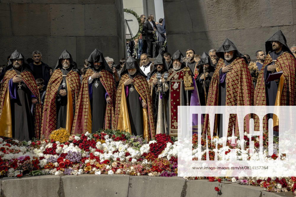 Genocide Remembrance Day in Armenia Thousands of Armenians, including church leaders and members of the military appear in the Tsitsernakaberd Genocide Memorial in Yerevan, Armenia on April 24, 2025 to honor the victims of the Armenian Genocide, which began 110 years ago. The annual procession, held on Genocide Remembrance Day, saw crowds laying flowers at the Eternal Flame and offering prayers for the estimated 600,000 to 1.5 million Armenians who perished between 1915 and 1923 under the rule of the Ottoman Empire. The Armenian Apostolic Church led religious ceremonies, reinforcing the day s spiritual and historical significance. Yerevan Yerevan Armenia