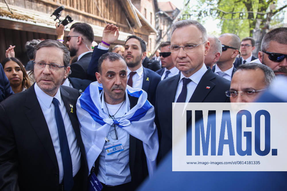 International March Of The Living Polish President Andrzej Duda and Israeli President Isaac Herzog pose with Eli Sharabi, Israeli who had been held hostage by Hamas in the Gaza Strip, while attending the 37th anniversary of International March of the Living at the former Nazi-German Auschwitz Birkenau concentration and extermination camp in Oswiecim, Poland on April 24, 2025. The 2025 March of the Living from Auschwitz I to Auschwitz II-Birkenau is dedicated to the 80th Anniversary of the end of World War II and the liberation of the concentration camps in Nazi-occupied Europe. The annual march is a part of educational program, which brings Jewish students from around the world to Poland, where they explore the remnants of the Holocaust. O