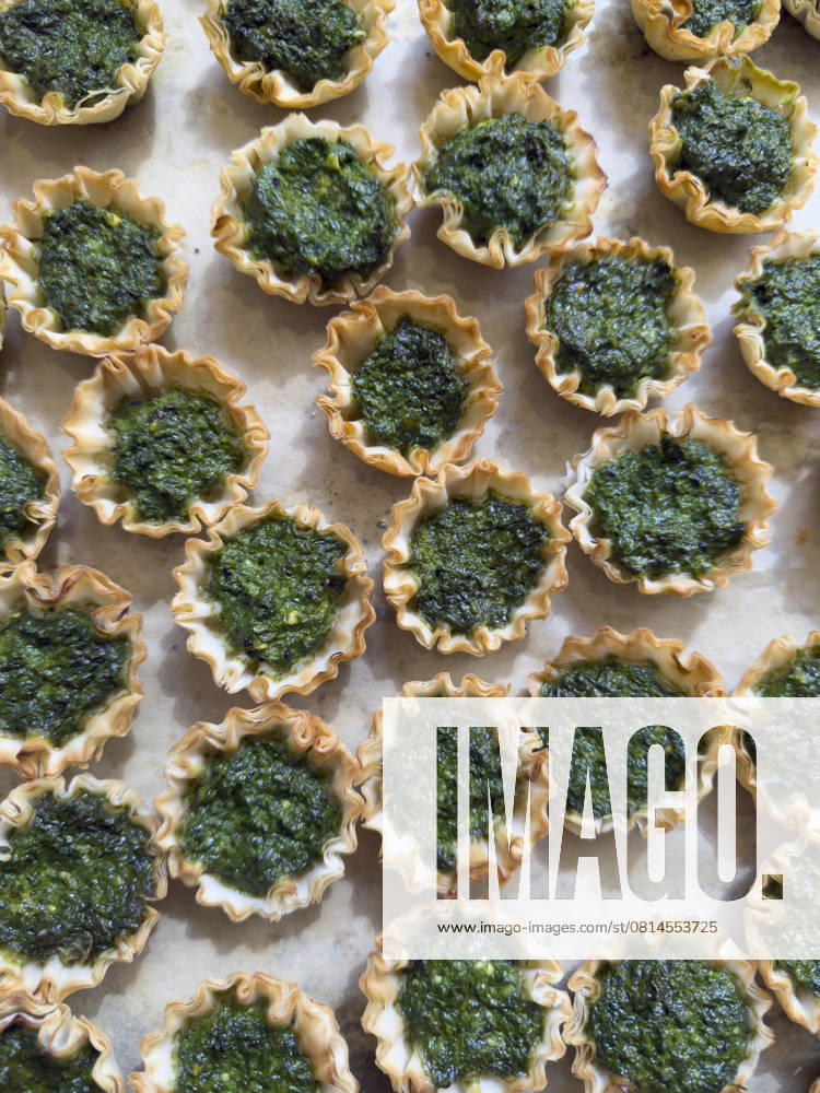High angle view of mini spanakopita pies