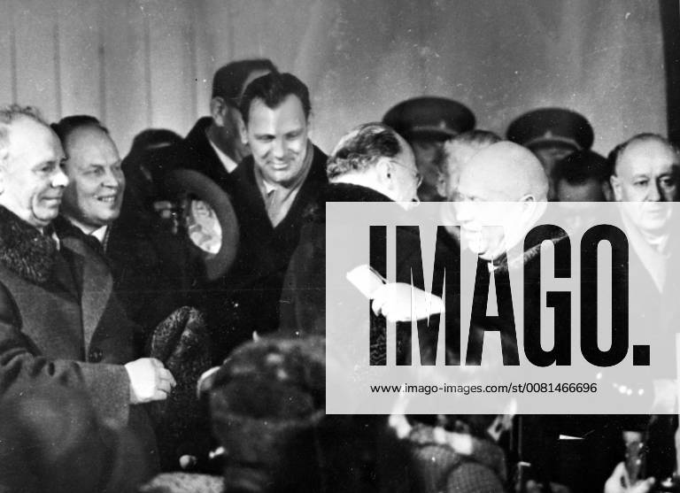 SOVIET PRIME MINISTER NIKITA KHRUSHCHEV HUGS WALTER ULBRICHT IN EAST BERLIN ; 14 JANUARY 1963,