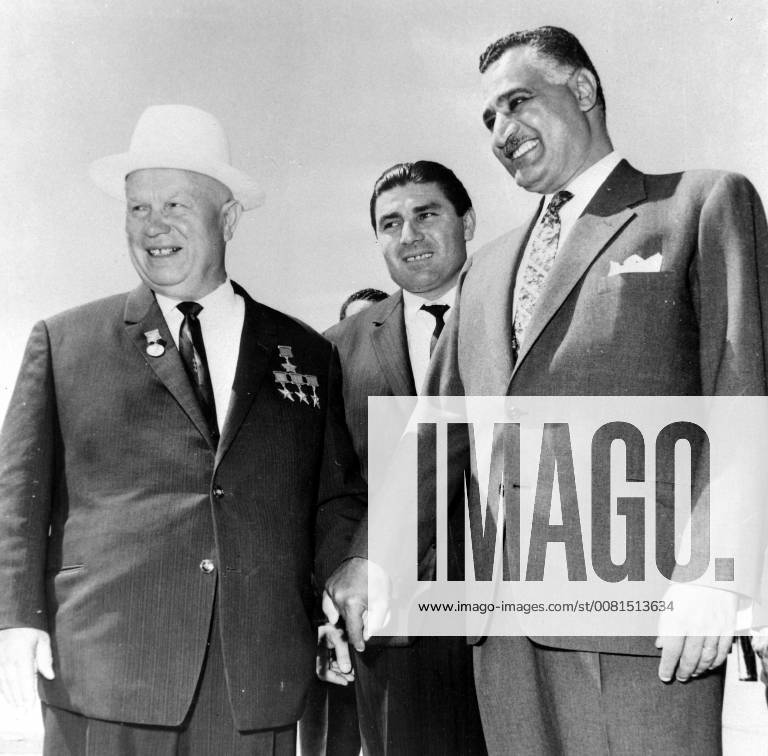 SOVIET PRIME MINISTER NIKITA KHRUSHCHEV WITH PRESIDENT OF UNITED ARAB REPUBLIC GAMAL ABDUL NASSER IN CAIRO ; 26 MAY 1964,