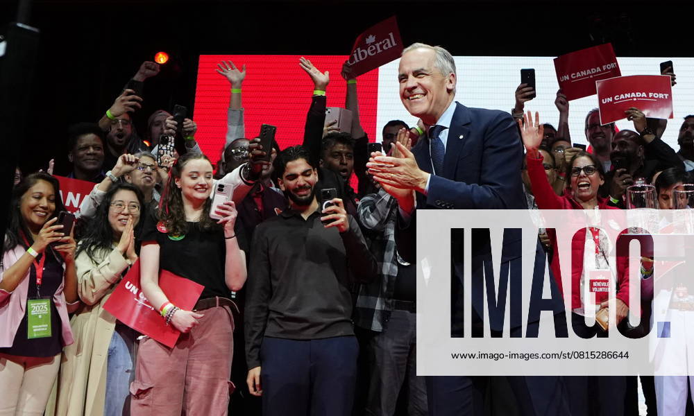Prime Minister Mark Carney arrives on stage at his campaign headquarters in Ottawa after the Liberal party won the federal election on Tuesday, April 29, 2025. Ottawa CANADA - ZUMAc35_ 20250429_zaf_c35_057