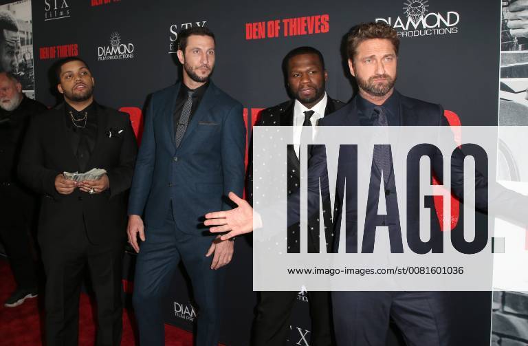 LOS ANGELES, CA - JANUARY 17: Oshea Jackson Jr, Gerard Butler, Pablo Schreiber, Curtis Jackson, at the premiere of Den Of Thieves at Regal Theaters at LA Live in Los Angeles, California on January 17, 2018.