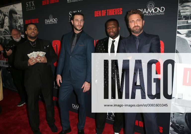 LOS ANGELES, CA - JANUARY 17: Oshea Jackson Jr, Gerard Butler, Pablo Schreiber, Curtis Jackson, at the premiere of Den Of Thieves at Regal Theaters at LA Live in Los Angeles, California on January 17, 2018.