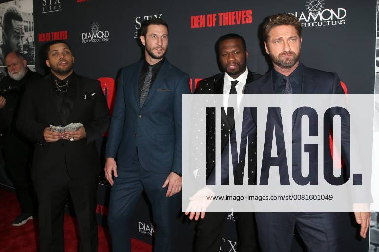 LOS ANGELES, CA - JANUARY 17: Oshea Jackson Jr, Gerard Butler, Pablo Schreiber, Curtis Jackson, at the premiere of Den Of Thieves at Regal Theaters at LA Live in Los Angeles, California on January 17, 2018.