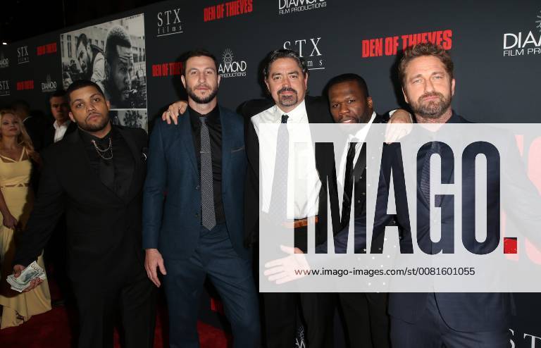 LOS ANGELES, CA - JANUARY 17: Oshea Jackson Jr, Gerard Butler, Pablo Schreiber, Curtis Jackson, Christian Gudegast, at the premiere of Den Of Thieves at Regal Theaters at LA Live in Los Angeles, California on January 17, 2018.