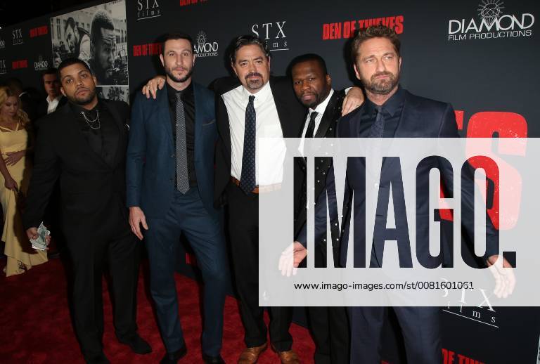 LOS ANGELES, CA - JANUARY 17: Oshea Jackson Jr, Gerard Butler, Pablo Schreiber, Curtis Jackson, Christian Gudegast, at the premiere of Den Of Thieves at Regal Theaters at LA Live in Los Angeles, California on January 17, 2018.