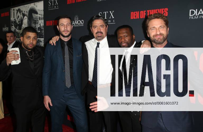 LOS ANGELES, CA - JANUARY 17: Oshea Jackson Jr, Gerard Butler, Pablo Schreiber, Curtis Jackson, Christian Gudegast, at the premiere of Den Of Thieves at Regal Theaters at LA Live in Los Angeles, California on January 17, 2018.
