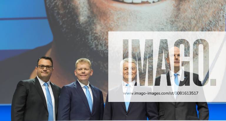 Bochum Germany 19 01 2018 ThyssenKrupp annual general meeting of ThyssenKrupp Board v l Oliver Burkhard CFO Guido Kerkhoff CEO Heinrich Hiesinger and Donatus Kaufmann stands on the podium of the HV ThyssenKrupp annual general meeting